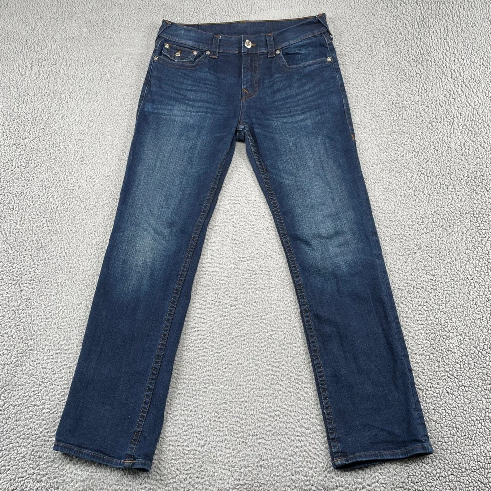 True Religion Jeans Mens 34 Blue Ricky Relaxed Straight Dark Wash Denim Stretch
